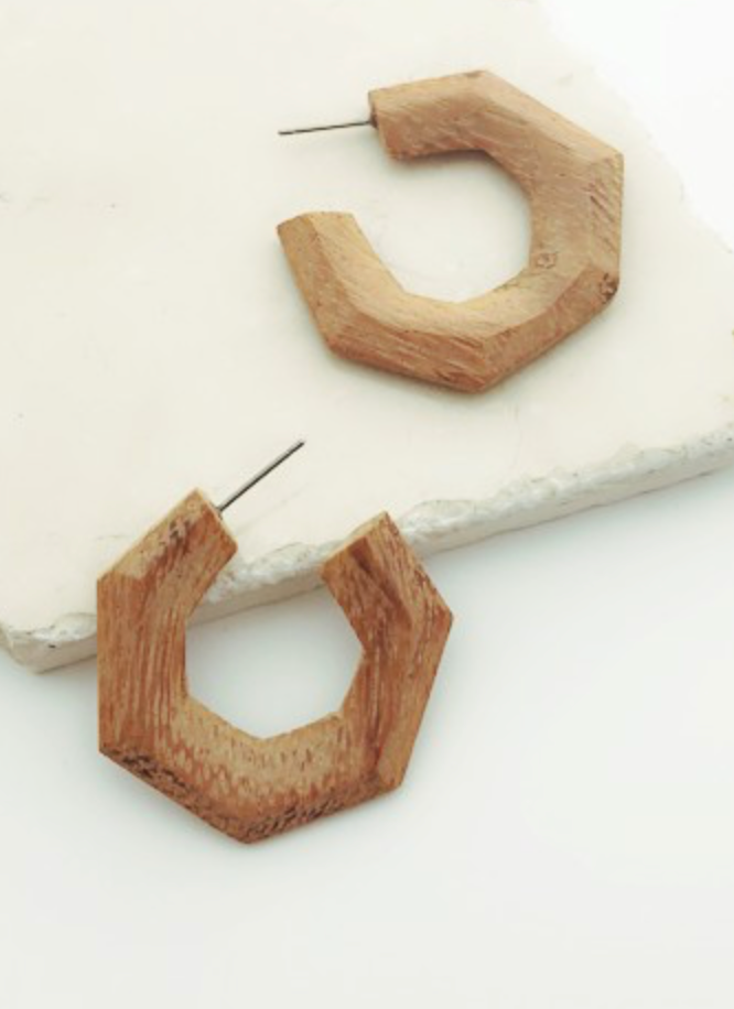 Wooden Hexagon Hoop Earring