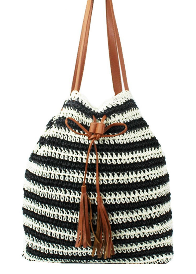 Striped Drawstring Straw Bag