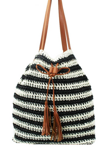 Striped Drawstring Straw Bag