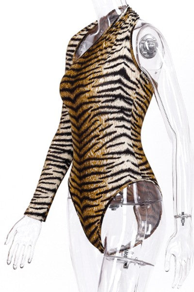 Single Shoulder Tiger Print Halter Bodysuit